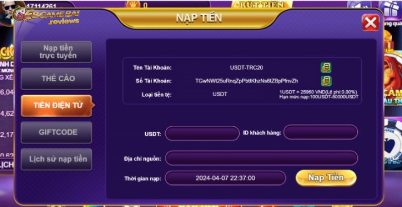 68gamebai reviews Mẫu thông tin yêu cầu nạp tiền tại 68 game bài bằng USDT